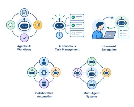 Agentic AI workflows and autonomous systems graphic featuring task management, human-AI delegation, collaborative automation, and multi-agent network models.