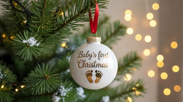 Personalized baby's first christmas ornament hanging on a festive tree