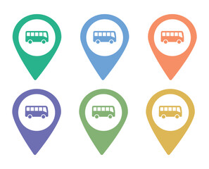 Colorful bus location map pin icons set. Featuring public transport symbols city bus silhouettes and location markers. Bus icon representing transport and travel themes in urban settings.  © Arvix
