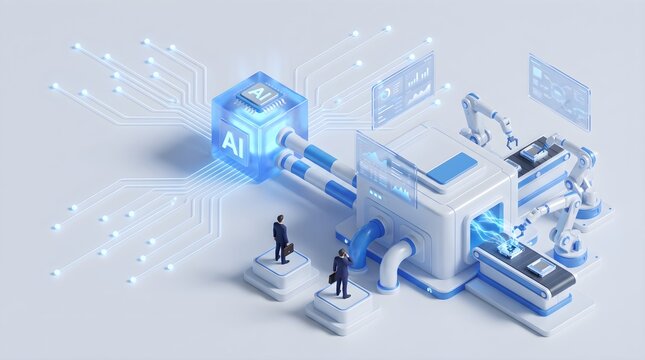 Miniature businessmen observe automated robotic arms manufacturing electronic computer microchips powered by glowing blue artificial intelligence processors in bright isometric style