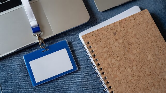 Blank identification badge with notebook and laptop on modern office desk