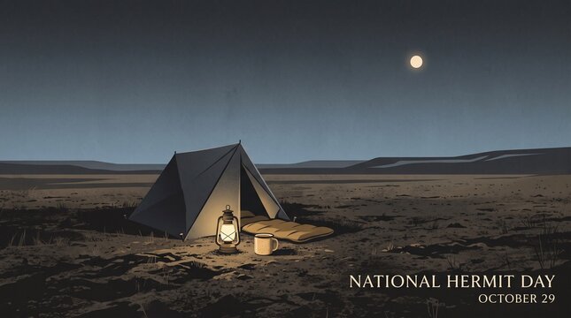 Vector Illustration Of Solitary Tent Lantern And Mug Under Full Moon Night For National Hermit Day
