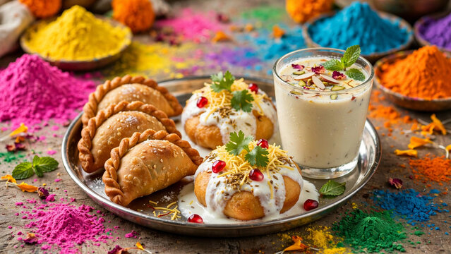 Indian Holi Puran Poli Modak Ukadiche sweet thali gulal festive