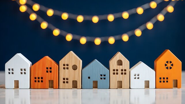 Decorative miniature houses with glowing string lights on dark background