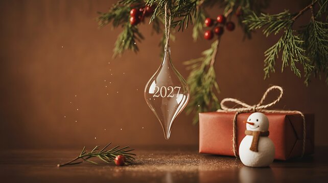 Christmas gift display with snowman ornament and 2027 decoration in warm festive setting