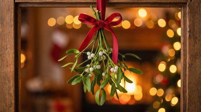 holiday decor, mistletoe hangs elegantly in a doorway, adorned with a vibrant red ribbon