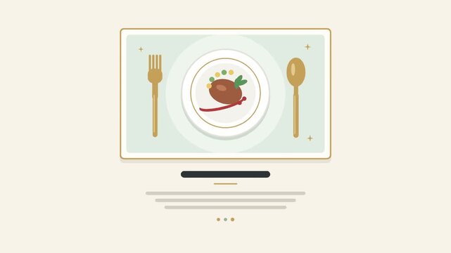 Minimalist illustration of a dining setting with a plate of food, fork, and spoon on a screen-like frame.