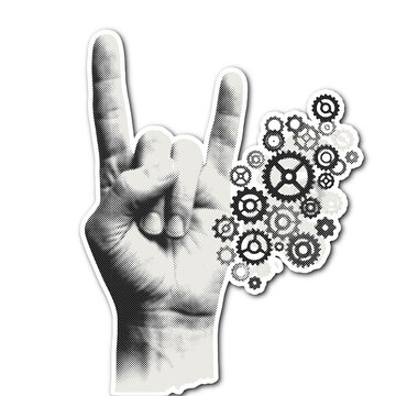 Hand making a rock gesture with gears representing industrial power