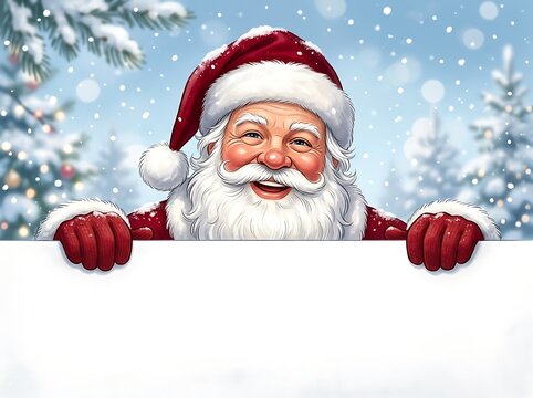 Santa Claus peeking from behind a blank sign in snowy winter holiday