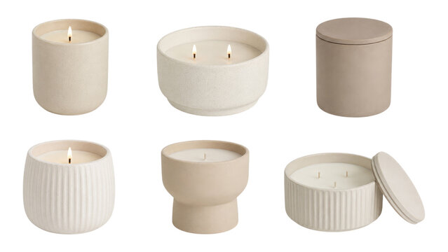 Set of six neutral ceramic jar candles in beige and cream tones, assorted shapes and lids, some lit with warm flames, textured and ribbed finishes for minimalist home decor