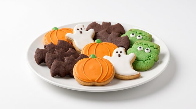 Delicious Halloween sugar cookies decorated as pumpkins ghosts bats and monsters on a white plate against a clean white background for celebration