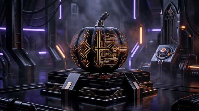 Futuristic pumpkin with glowing circuits on a pedestal in a dark cyberpunk laboratory for halloween celebration