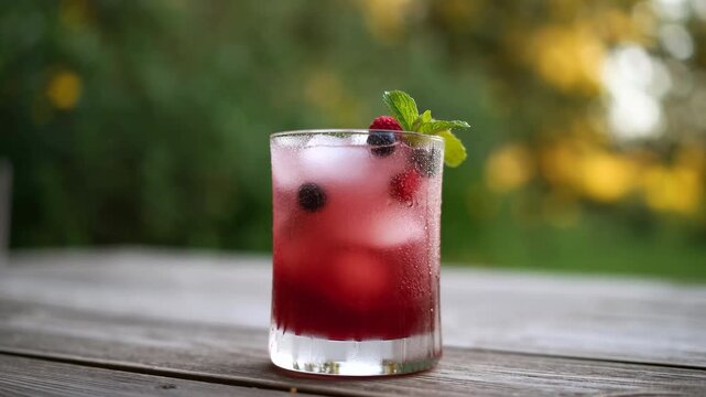 Red berry drink sits motionless in clear tumbler with ice, whole berries and mint garnish on weathered wooden table, framed by soft green garden bokeh in warm natural daylight