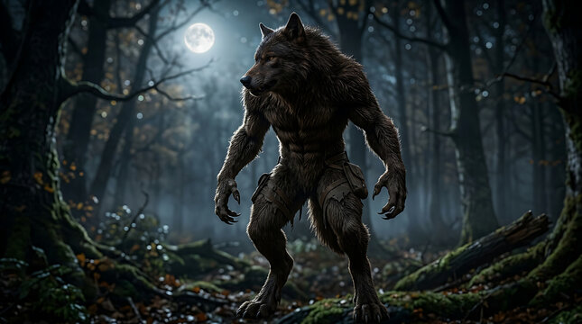 Halloween werewolf standing in dark spooky forest under full moon at night