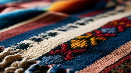 Fototapeta premium Close up of a colorful woven textile with intricate patterns and fringed edges showcasing traditional craftsmanship