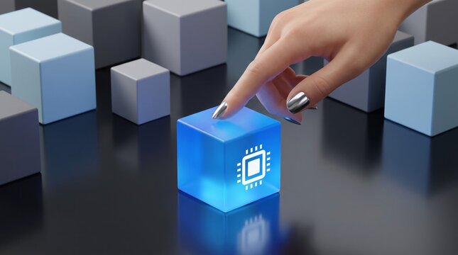 Human hand touching a glowing blue translucent cube featuring a microchip icon in futuristic minimalist digital space