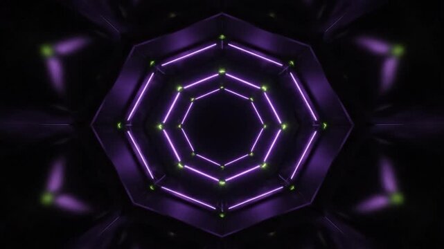 Symmetric Futuristic Purple Neon Geometric Tunnel Background with Glowing Lights