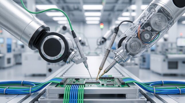 Advanced robotic arms with glowing green cables precisely soldering intricate microchips on modern industrial manufacturing assembly lines