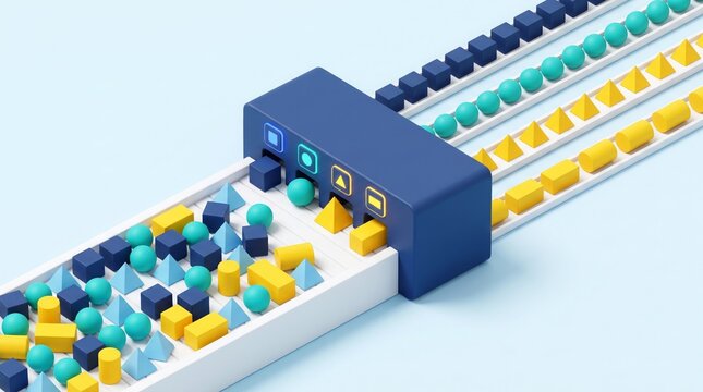 Automated industrial sorting machine organizing different colorful geometric shapes efficiently on conveyor belts during manufacturing process