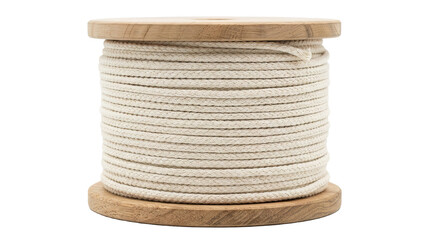 Wooden spool with coiled natural cotton rope for crafting and diy projects © Ira