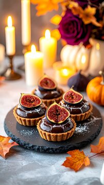 Small chocolate tartlets topped with fresh figs on a slate board