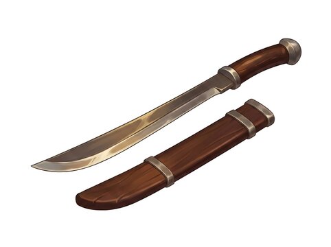 Realistic illustration of a wooden-handled machete with sheath