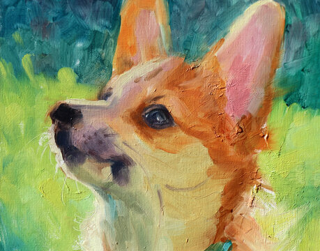 Dipinto espressivo a olio di un cucciolo di cane Corgi gallese con collare turchese, ritratto artistico di profilo con pennellate materiche vibranti su sfondo verde e azzurro di un prato soleggiato