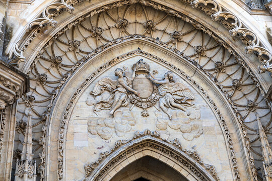 The tympanum of the central portal of the western facade of the Cathedral of the Holy Cross