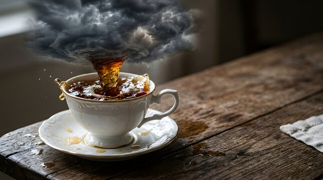 Storm in a Teacup on Wooden Table