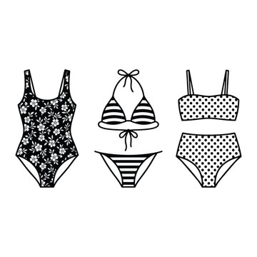Women's swimwear set featuring floral one-piece, striped and polka dot bikini fashion