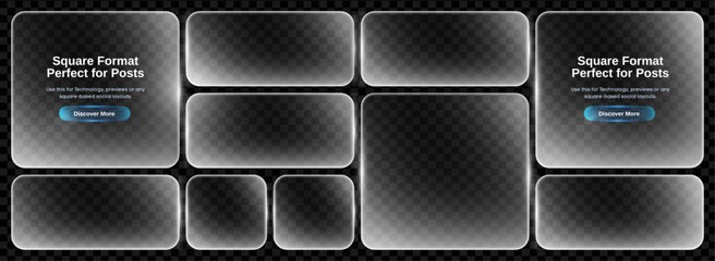 Naklejka na ściany i meble Morphism glassmorphism glass with rectangle ui box for translucent hud button. 3d frame frosted with text liquid effect for background cta png. Transparent matte icon with shape square vector.