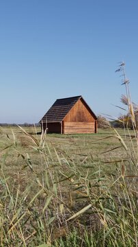Vertical static shot of a traditional historic wooden hay barn in a green field with tall grass in the foreground, Trebon Czech republic