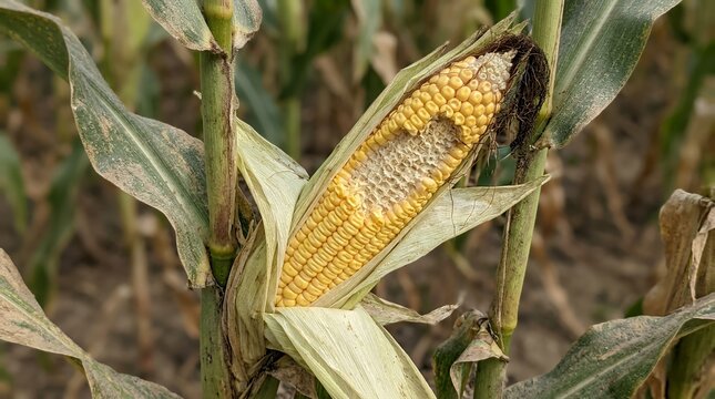 Agriculture maize crop damaged by rodent gnaw marks close-up of sweetcorn ear destroyed by wildlife vermin in the field organic produce affected by foraging animals corn rat pest attack
