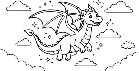 Fototapeta premium Cute cartoon dragon flying among fluffy clouds line art illustration on a white background