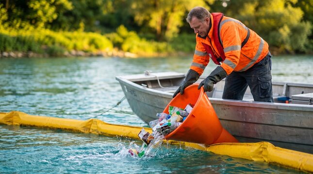 Worker guides plastic into a river collection funnel