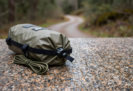 Olive green dry bag and coiled paracord on granite
