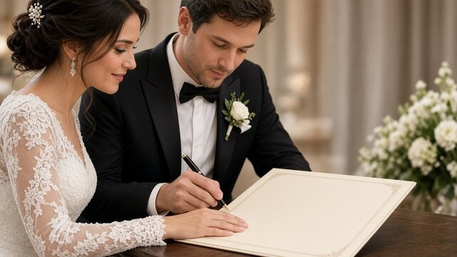 Couple signing a blank certificate with no readable writing