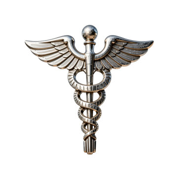 Glossy metallic caduceus symbol with feathered wings and coiled serpent