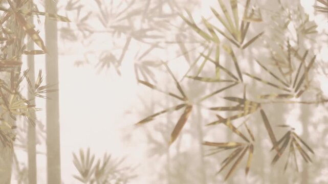 Sunlight filters through tall bamboo plants in a forest. The scene shows blurred green leaves and light, creating an atmosphere of nature. The time is morning and it looks fresh.