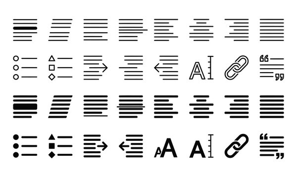 Set of text formatting and alignment icons for word processing and web design