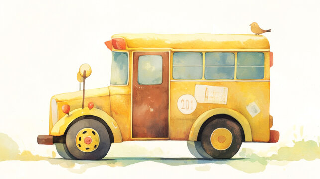 watercolor school bus illustration with yellow body, rounded windows, open road wheels, route number, and small bird on roof, isolated transportation artwork