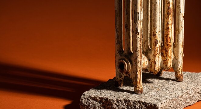Rusted cast iron radiator on a granite slab against a burnt orange background in hard sunlight