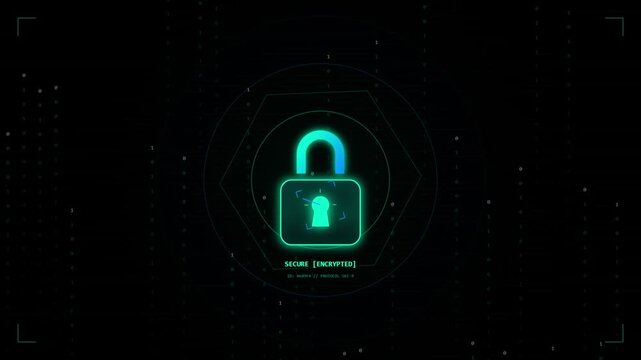 Digital security concept with a glowing padlock icon and binary code background