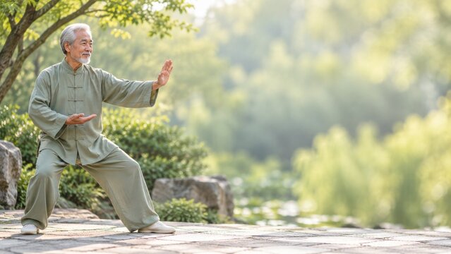 Senior man practicing gentle tai chi movements in a peaceful garden