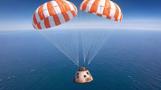 Space capsule landing in ocean with orange and white parachutes. Splashdown of reentry module in deep blue sea. Tilting camera movement.