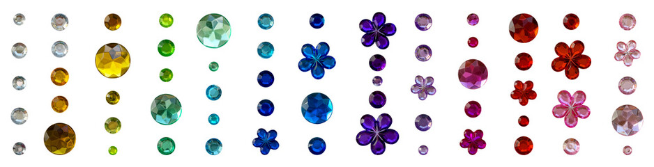 Naklejka na ściany i meble Colorful cut out rhinestones and gems collection. Shiny crystal jewels and flower gemstones isolated on transparent background png set for scrapbook, collage, social media posts, trendy photo overlays