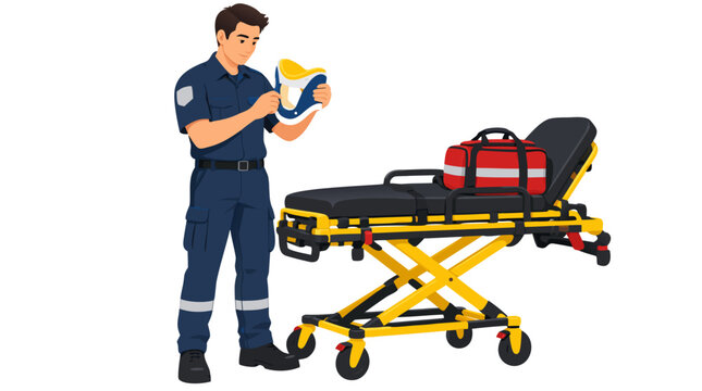 Male paramedic in navy uniform adjusting blue cervical neck brace standing beside yellow emergency stretcher with red medical bag, flat vector illustration isolated on white background