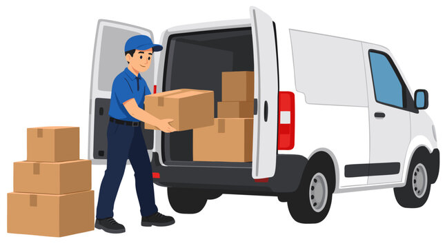 Smiling delivery driver in blue uniform loading cardboard boxes into white cargo van rear, courier logistics shipping distribution concept flat vector illustration isolated on white background for