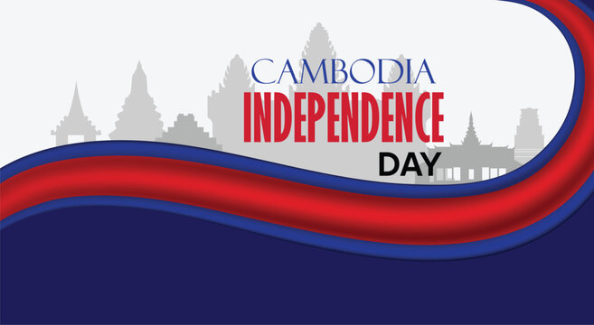 Cambodia Independence Day Banner With National Colors And Iconic Landmark Silhouette vector poster