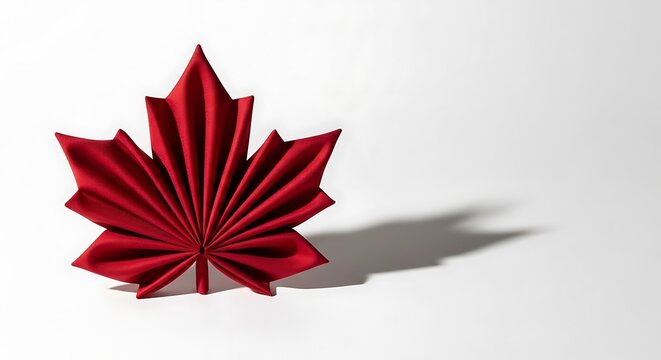A red fabric napkin folded into a decorative maple leaf shape